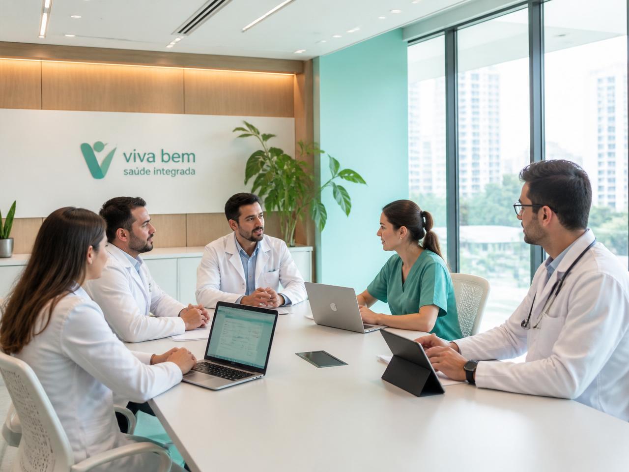 Equipe médica em reunião estratégica com apoio de tecnologia